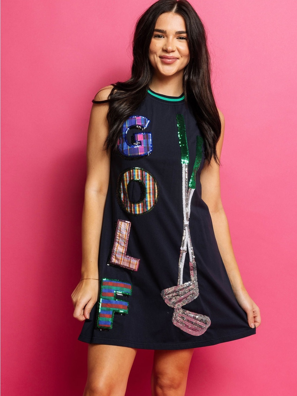QUEEN OF SPARKLES Navy Dress with Multicolor Sequin Letters